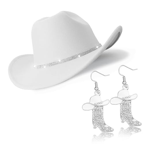Cowboy Hat Rhinestone Cowgirl Boots Earrings Set Western Earring Felt Fedora Jazz Hat Rodeo Outfit for Women Size M - color: White