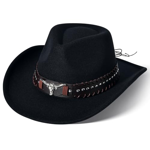 Classic Western Cowboy Hat Cowgirl Hat Unisex Men's & Women's Wide Brim Felt Fedora Hat Flat Top with Buckle Belt - color: Black 6#, size: 7-7 1/4