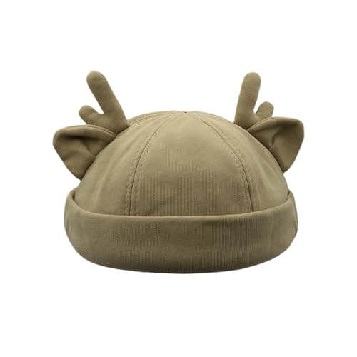 Beanie Hats for Women Men Brimless Skullcap Docker Cap with Reindeer Antlers Rolled Cuff Retro Adjustable Sailor Cap - color: Khaki
