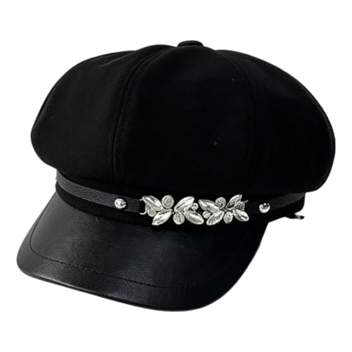 Newsboy Cabbie Baker Hat Octagonal Beret Cap Pageboy Visor Paperboy Hats Sailor Fiddler Caps for Women Men - color: Rhinestone Black