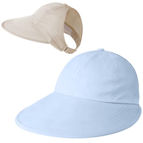 Unittype 2 Pcs Sun Hats for Women UV Protection Ponytail Wide Brim Sun Visors Cap Packable Adjustable Summer Hats for Outdoor - color: White and Blue