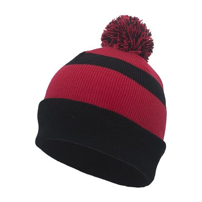 Pacific Headwear Unisex Adult Pacific Headwear Knit Fold Over Pom-pom Beanie - color: Black/Red/Black, size: One Size