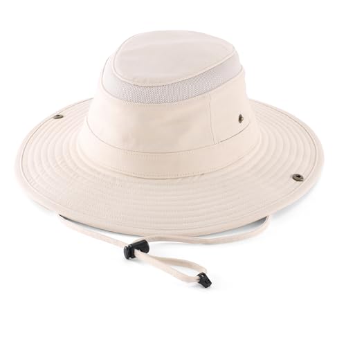 Home Prefer UPF 50+ Wide Brim Sun Hat Mesh Crown Foldable Cotton Bucket Cowboy Hat for Men Safari Golf Fishing Beach Garden - color: Beige, size: Medium