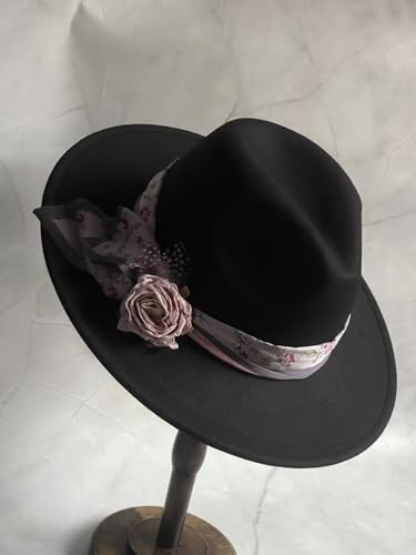 Classic Wide Brim Fedora Hat for Women Floppy Panama Hat for Party Wedding Fascinator Hat with Band Sun Protection 2025 - color: Black W
