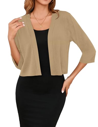 Iandroiy Women's 3/4 Sleeve Shrugs Lightweight Open Front Cropped Cardigan for Women - color: A-04 Khaki, size: Large
