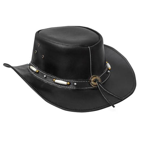 Dream Apparel Black Leather Cowboy Hat for Men Women Western Australian Outback Hat w/Shapeable Wide Brim, Aussie Style Hat - size: Medium