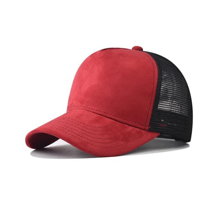 Trucker Hat Men Blank Mesh Suede Baseball Cap for Men and Women Baseball Hat 5-Panel Trucker Hat for Hunting & Hiking - color: Red