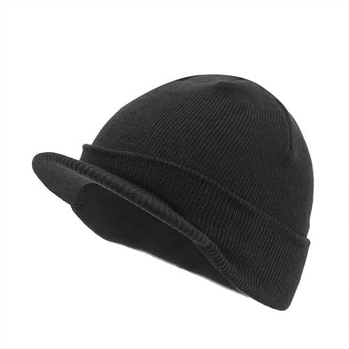 The Vintage Year Visor Beanie Billed Knit Radar Cuff Skull Cap Sports Outdoor Winter Stretch Acrylic One Size Men Women - color: Black