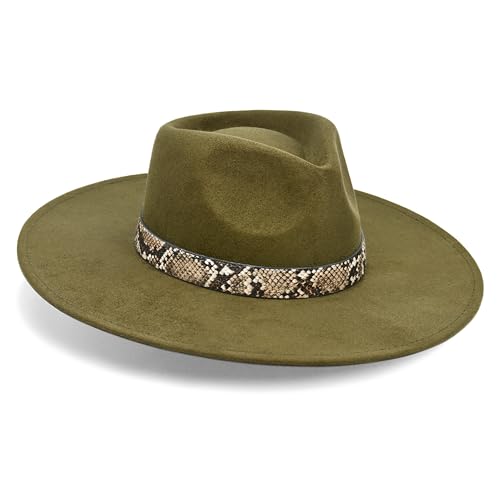 FLUFFY SENSE. Big Wide Brim Boho Western Hat for Women and Men - Felt Rancher Fedora Hat with 4 inches Flat Brim - color: Olive Green, size: Medium