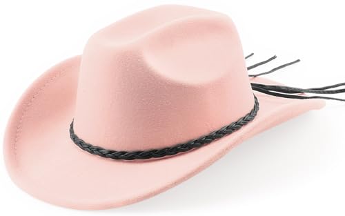 DRESHOW Western Cowboy Hat for Men Women Cowboy Cowgirl Hat Outdoor Wide Brim Retro Felt Fedora Hats Unisex Rolled up Caps - color: 1 Pack Style 9: Baby Pink With Braided Band
