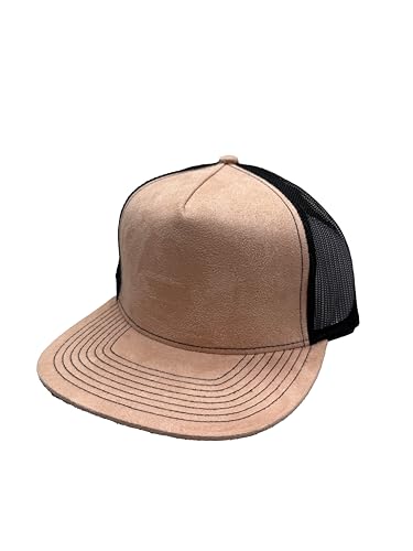 Ashen Fane Faux Suede Polyester Blend 5 Panel Classic Flat or Round Visor Adjustable Snapback Mesh Back Trucker Hat - color: Flat - Sand Tan