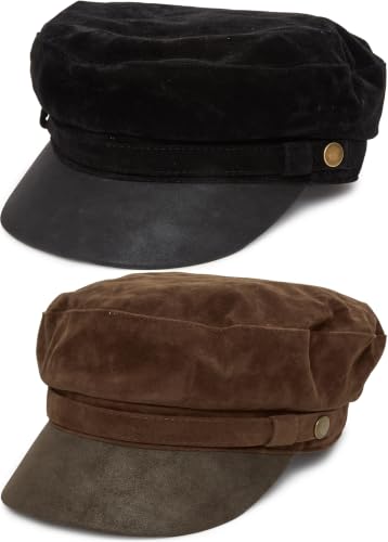 Funky Junque Greek Fisherman Newsboy Cap, Cotton Captains Bakerboy Hat - color: 2 Pack - Faux Suede - Black & Mocha