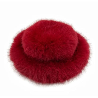 Women's Winter Faux Fur Fuzzy Warm Bucket Hat Shearling Wide Brim Fisherman Plush Hats for Women - color: Dark Red