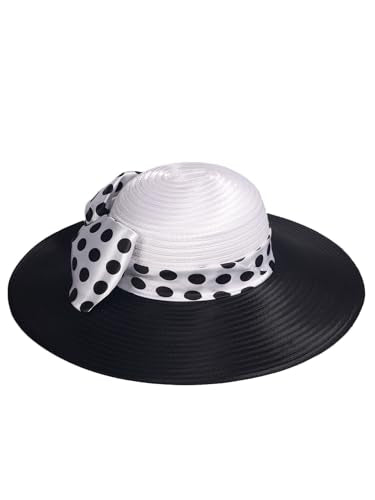 Women Wide Brim Rose Black Patchwork Kentucky Hat for Wedding Party Hat Big Bowknot Polka Dots Fedora Hats - color: White Black