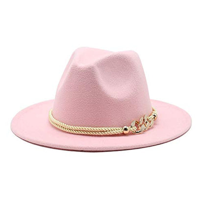 Lady Wide Brim Felt Fedora Panama Hat with Ring Belt - color: Pink, size: Medium