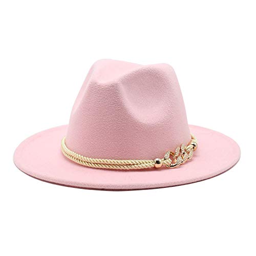 Lady Wide Brim Felt Fedora Panama Hat with Ring Belt - color: Pink, size: Medium