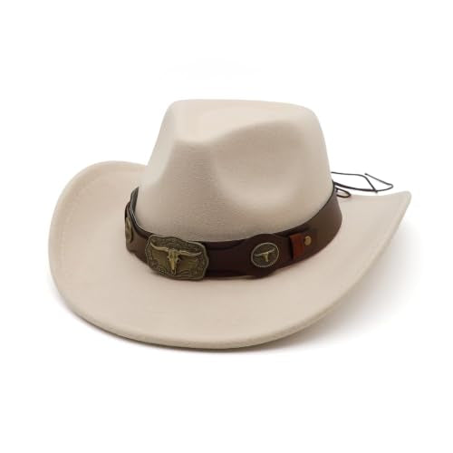 Western Cowboy Hat for Men Cowgirl Hat for Women Unisex Wide Brim Felt Fedora Hats Classic Cowboy Hats - color: Beige