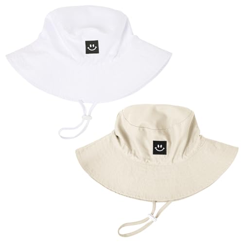 Baby Toddler Sun Hat,Kids Summer UPF 50+ Foldable Beach Bucket Hat for Boys Girls Children - color: White & Khaki 2pcs, size: 6-24 Months