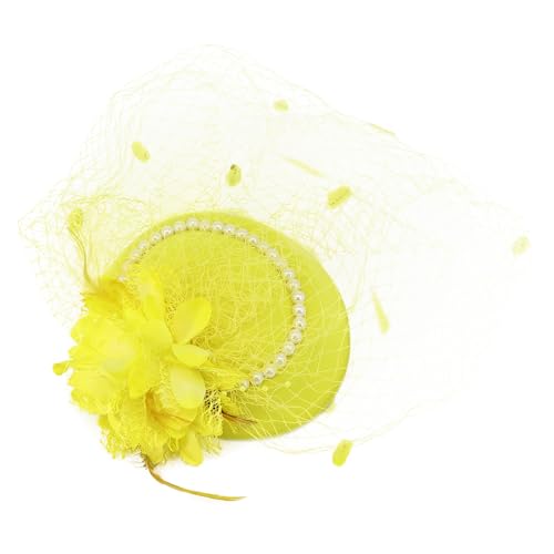 Fascinator Pillbox Hat for Women, Feather Flower Pearls Hair Headwear Veil - color: Yellow
