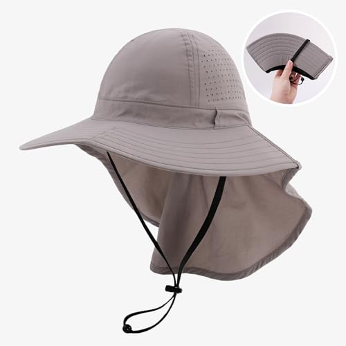 Sun Hats for Men Women with Neck Flap UPF 50+ UV Protection Wide Brim Bucket Hat Safari Hiking Fishing Hats - color: Light Grey