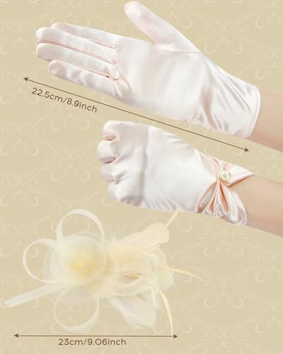 2Pcs 50s Fascinators Hats for Women Wedding Cocktail Flower Mesh Ribbons Feathers Church Tea Party Hats and Lace Glove - color: Champagne
