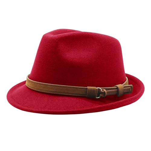 PURFUN Vintage Feather Felt Fedora Hat for Men Women Classic Short Brim Jazz Dance Party Wedding Trilby Bowler Panama Hat - color: Leather Band/Red