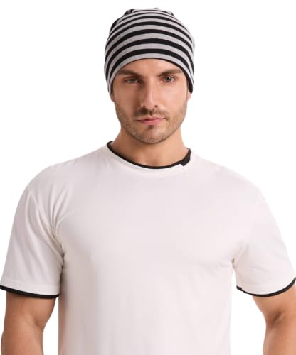 ZLYC Cotton Thin Slouchy Beanie Hat for Men Women Stretch Skull Cap - color: Striped Black and Gray, size: One Size