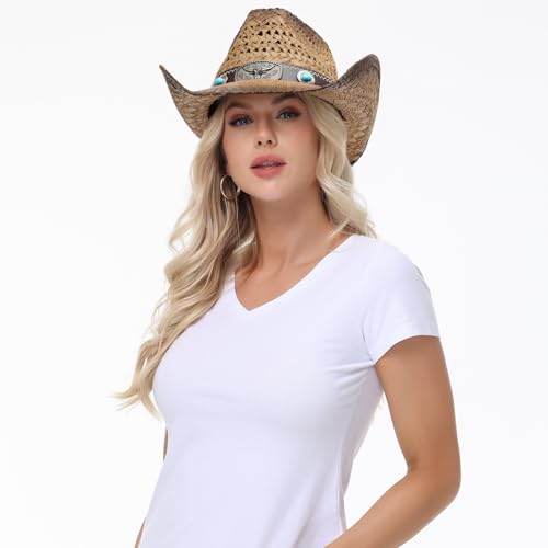 WQWOVRVO Cowboy Hat,Cowgirl Hat,Straw Cowboy Hats for Women/Men Wide with Shapeable Brim - color: Brown&coffee Color