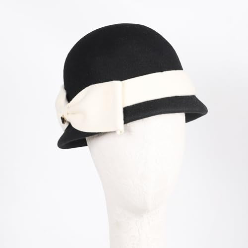 Women Solid Color 100% Wool Winter Hat Women Cloche Bucket Bowler with Bowknot - color: Black With Cream Bow