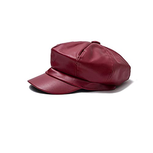 Women Newsboy Hats,8 Panel Ivy Beret PU Leather Cabbie Cap - color: Wine Red