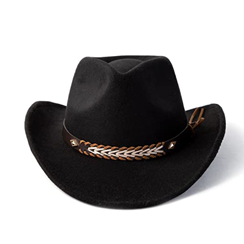 Western Cowboy Hat Felt Wide Brim Women Men Cowgirl Hats - color: Black