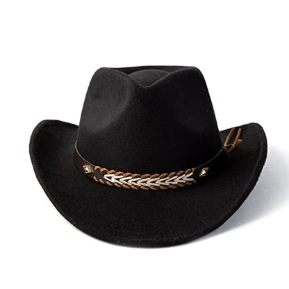 Western Cowboy Hat Felt Wide Brim Women Men Cowgirl Hats - color: Black