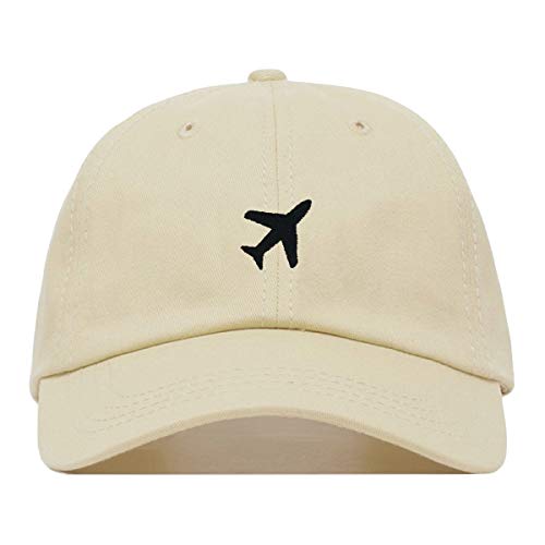 Airplane Baseball Hat, Embroidered Dad Cap, Unstructured Soft Cotton, Adjustable Strap Back (Multiple Colors) - color: Beige