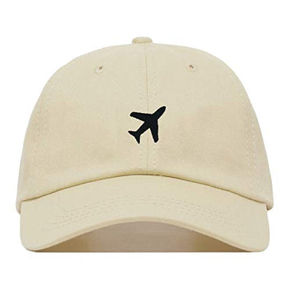 Airplane Baseball Hat, Embroidered Dad Cap, Unstructured Soft Cotton, Adjustable Strap Back (Multiple Colors) - color: Beige