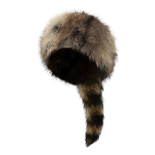 Raccoon Tail Parent-Child Plush Hat Warm Faux Fur Animal Hat with Tail - color: Deep Brown Without Pompoms