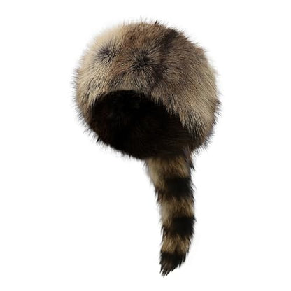 Women's Russian Cossack Hat with Raccoon Tail Furry Trapper Hat Plush Warm Winter Hats for Hunting Faux Fur Ski Cap - color: Deep Brown