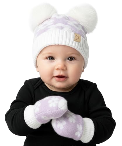 Funky Junque Baby Double Faux Fur Pom Pom Beanie & Mittens Set – Newborn Infant 0–9 Months Winter Hat with Soft Lined Mittens - color: Daisy: Lavender (0-9 Months)