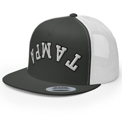 NX Upside Down Tampa Embroidered Flat Bill Trucker Hat High Crown Snapback Cap - color: Charcoal/ White