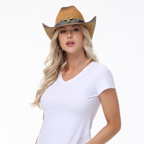WQWOVRVO Cowboy Hat,Cowgirl hat,Brown Cowboy Hats for Women/Mens Straw Wide with Shapeable Brim Western Cowboy Hat for Womens - color: Brown & Coffee Color B