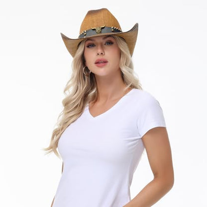 WQWOVRVO Cowboy Hat,Cowgirl hat,Brown Cowboy Hats for Women/Mens Straw Wide with Shapeable Brim Western Cowboy Hat for Womens - color: Brown & Coffee Color B