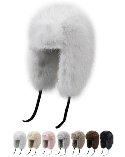 Peicees Winter Fur Hat for Women, Ladies Russian Ushanka Furry Trapper Hat with Warmer Ear Flaps and Glitter Silver Design - color: White