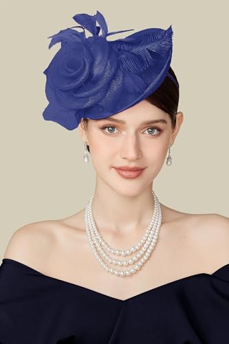 BABEYOND Fascinators Hats for Women Tea Party Mesh Flower Pillbox Derby Hat - color: Navy Blue