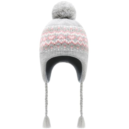 Winter Peruvian Hat Earflap Fleece Lined Girls Knit Beanie 3-10T - color: 3b-greypink, size: 3-5T