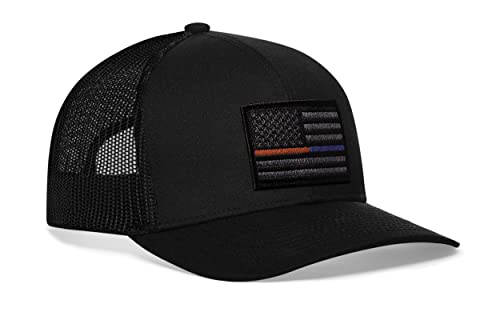 HAKA American Flag Hat | USA Mesh Trucker Snapback Comfort Baseball Cap - color: Black, style: Thin Red & Blue Line (Grey Stripes)