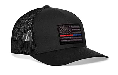 HAKA American Flag Hat | USA Mesh Trucker Snapback Comfort Baseball Cap - color: Black, style: Thin Red & Blue Line (Grey Stripes)
