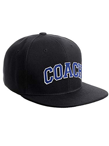 Original Team Coach Snapback Hat Classic Layered Arched Letters Flat Bill Cap - color: Black Hat White Blue Letters
