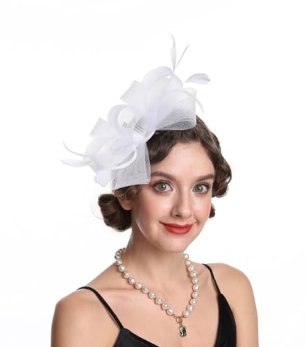 SAFERIN Elegant Women's Fascinator Hat with Veil and Feather Hair Clip Headpiece for Weddings Tea Party - color: St09-white