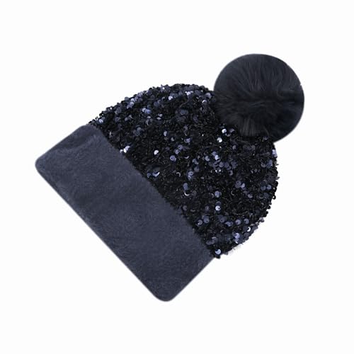 Women Sparkly Sequins Knitted Beanie Hat Warm Winter Skull Cap with Faux Fur Pom Pom - color: Dark Blue