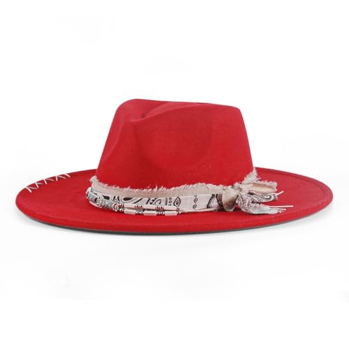 Big Brim Fedora Mens Women Boho Hat Handmade Dress Up Hats - color: Red