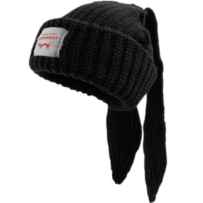 Womens Beanie Hat Winter Cuffed Knit Hats with Cat Ears Thick Warm Y2k Skull Caps Mens Ski Hat - color: Black-ear